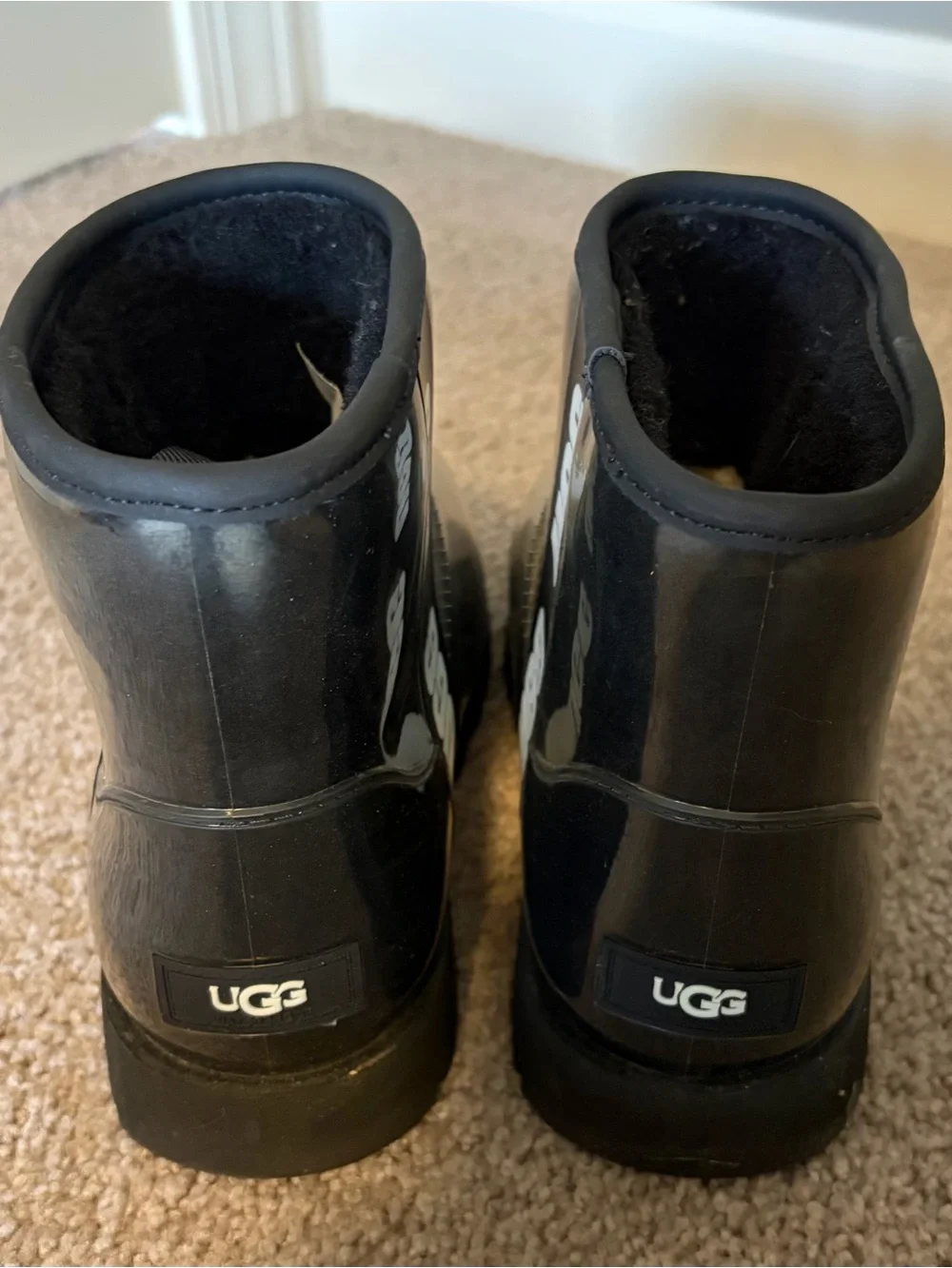 UGG Black Glossy Short Rain Booties with Logo Panel